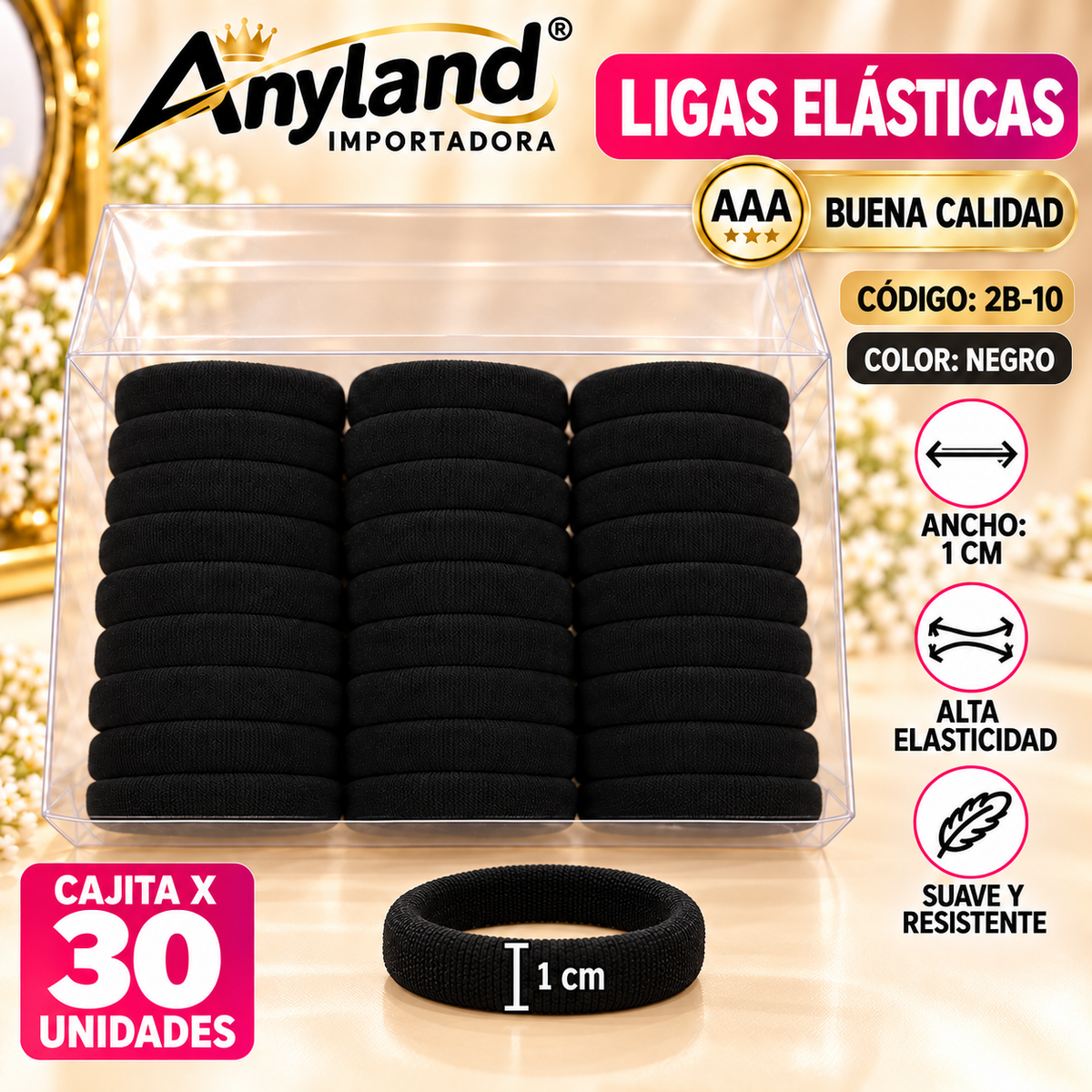 Ligas elásticas negro de 1cm de ancho  caja x30 unidades (2B-10)
