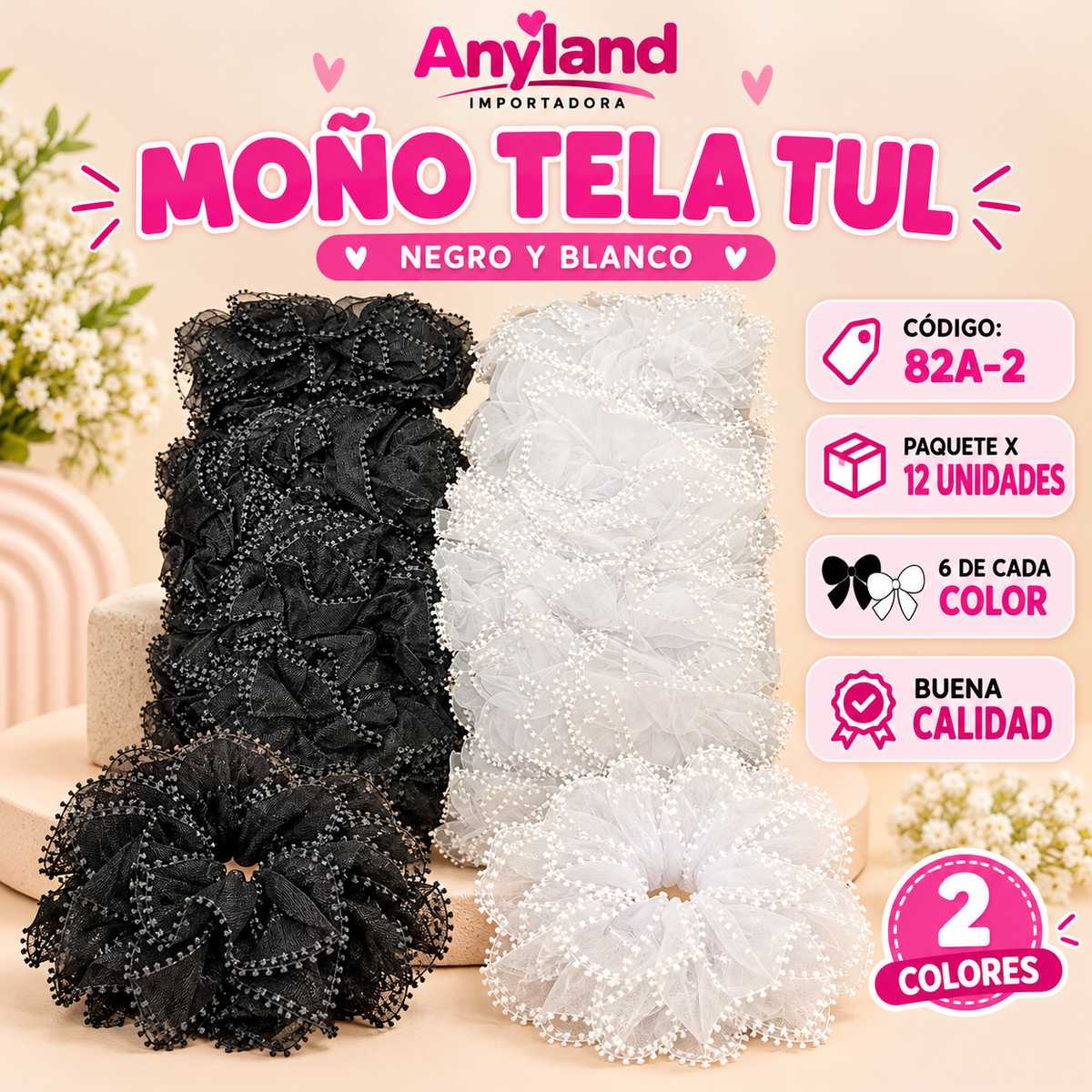 Moño para cabello de tela tul 6 negro y 6 blanco por docena (82A-2)