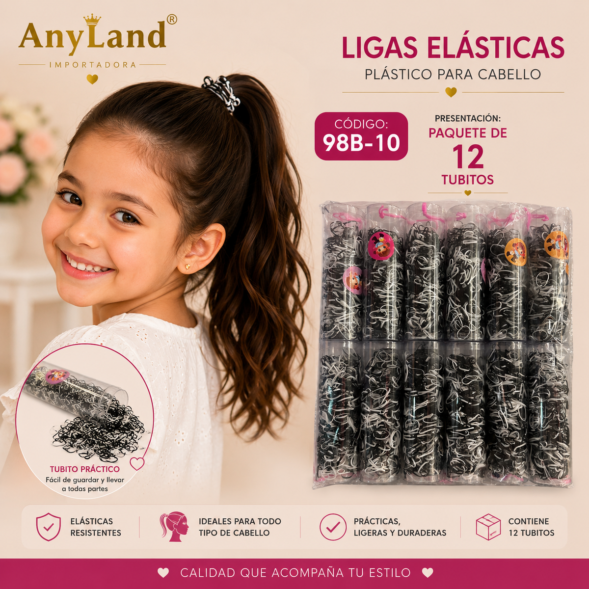 Ligas elasticas plásticas peq. suave en tubo para cabello X 12 tubitos (98B-10)