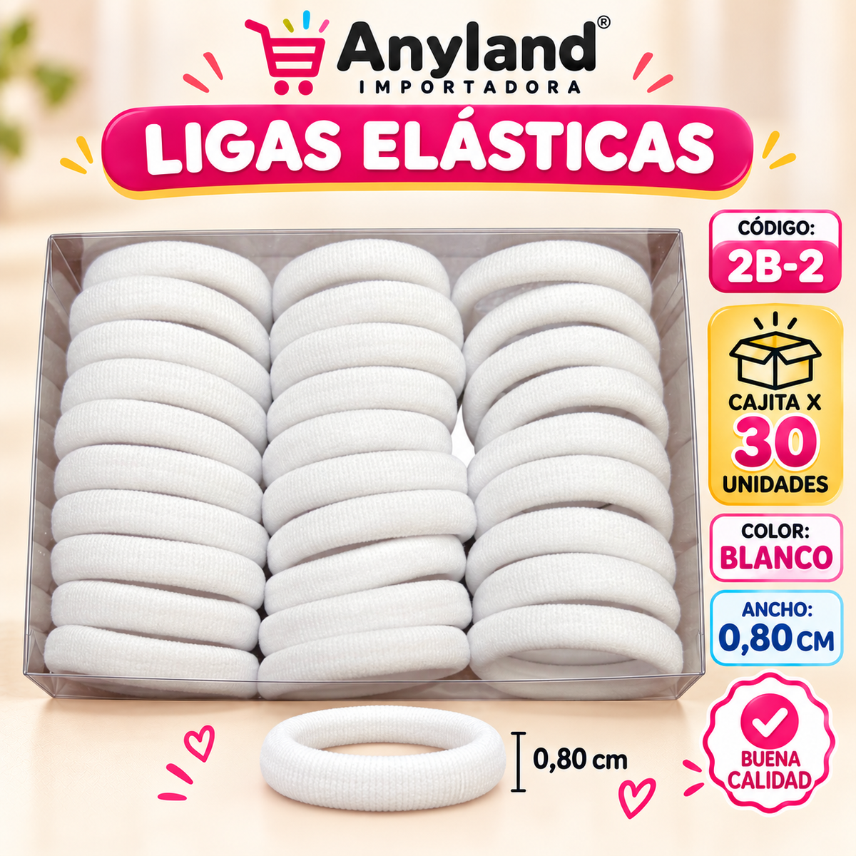 Ligas elásticas color Blanco de 0,80cm de ancho caja x30 unidades (2B-2)