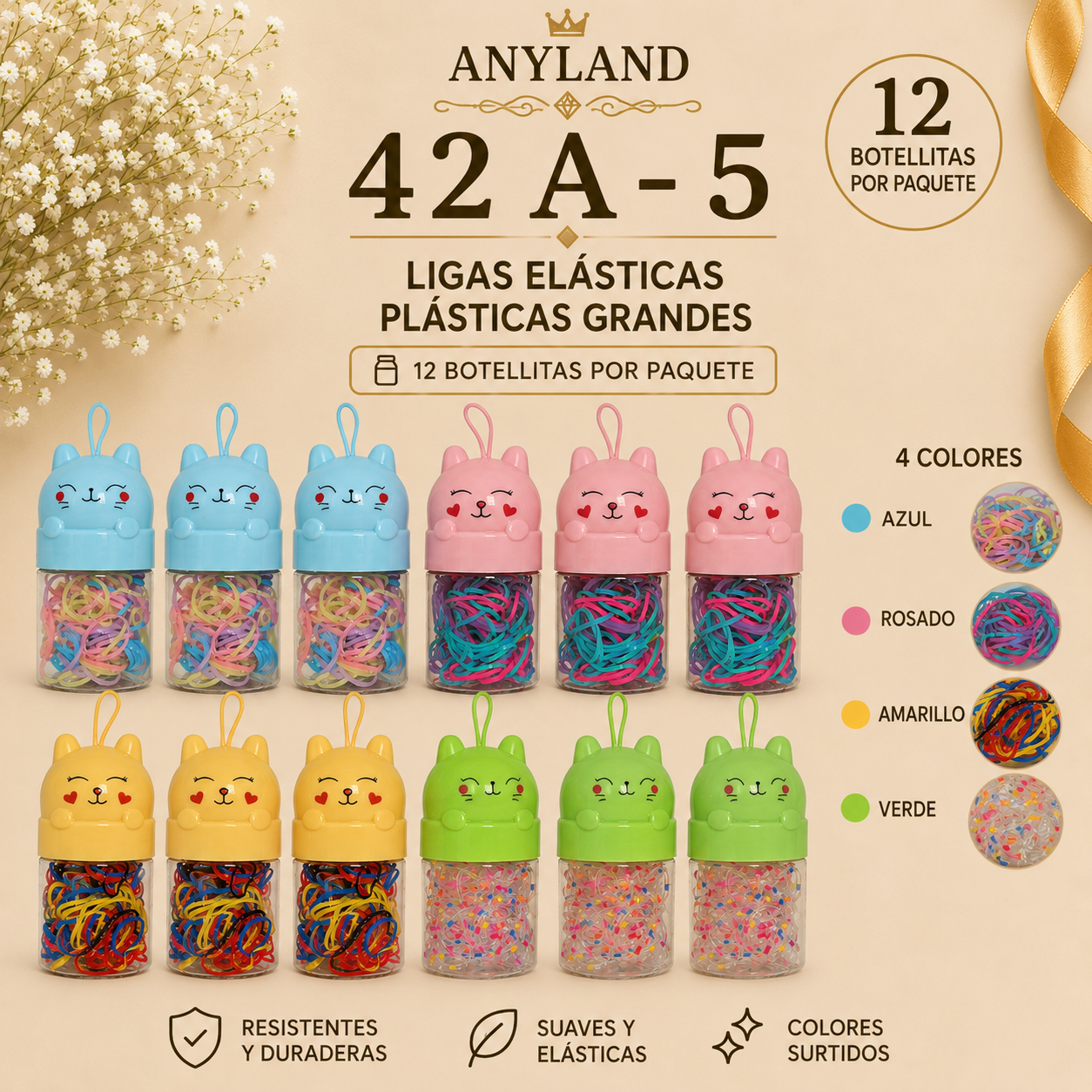 Ligas grandes elasticas plásticas suave en botellita de gato para cabello X 12 botellitas (42A-5)