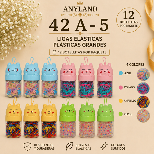 Ligas grandes elasticas plásticas suave en botellita de gato para cabello X 12 botellitas (42A-5)