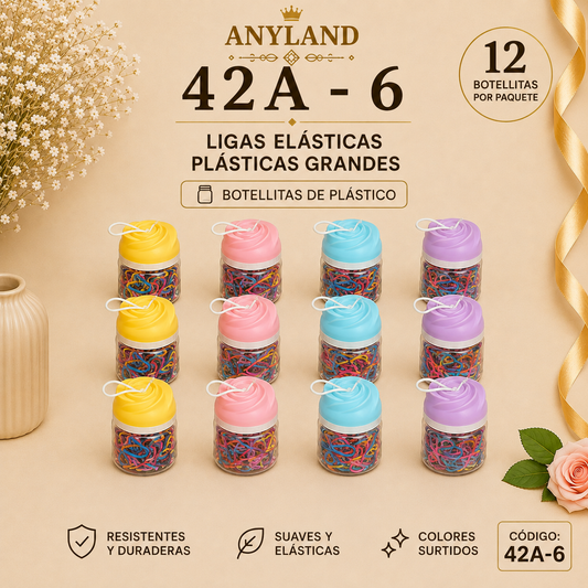 Ligas grandes elasticas plásticas suave en botellita de rosa para cabello X 12 botellitas (42A-6)