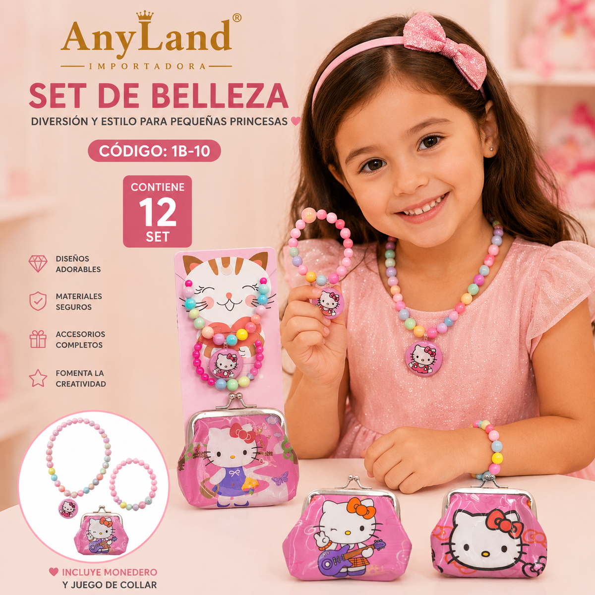 Set de cadena y pulsera + monedero  para niñas x12 set (1B-10)