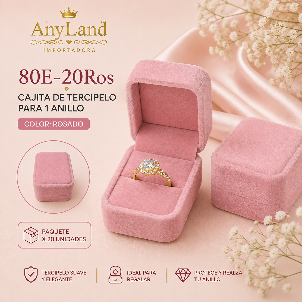 Cajita de terciopelo cuadrada paq x 20 unid. para 1 anillo 80E-20Ros