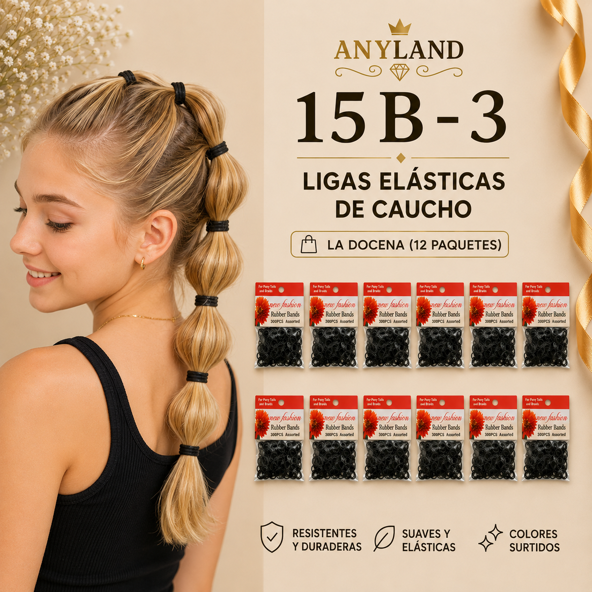 Ligas de caucho para cabello negro por 12 paquetes (15B-3)