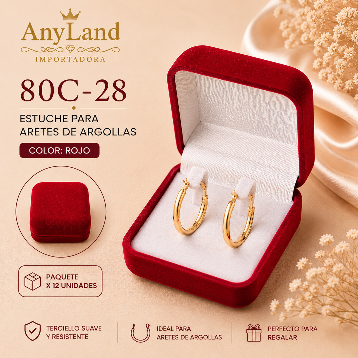 Cajita de terciopelo cuadrada para aretes x12 (80C-27-28-29)