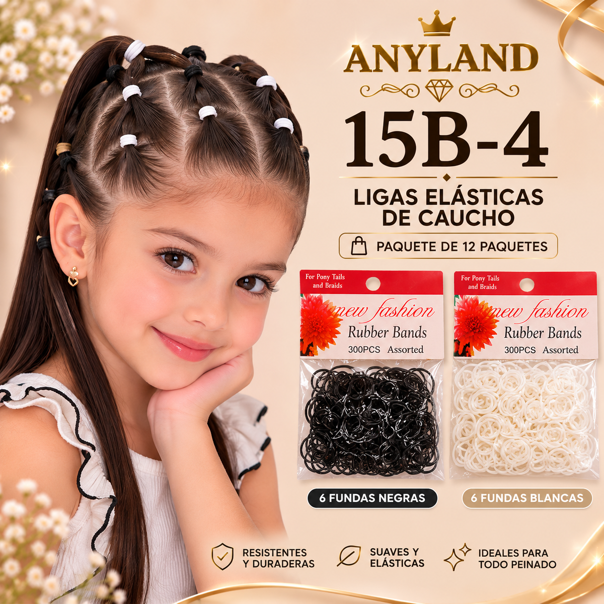 Ligas de caucho color negro y blanco por 12 paquetes (15B-4)