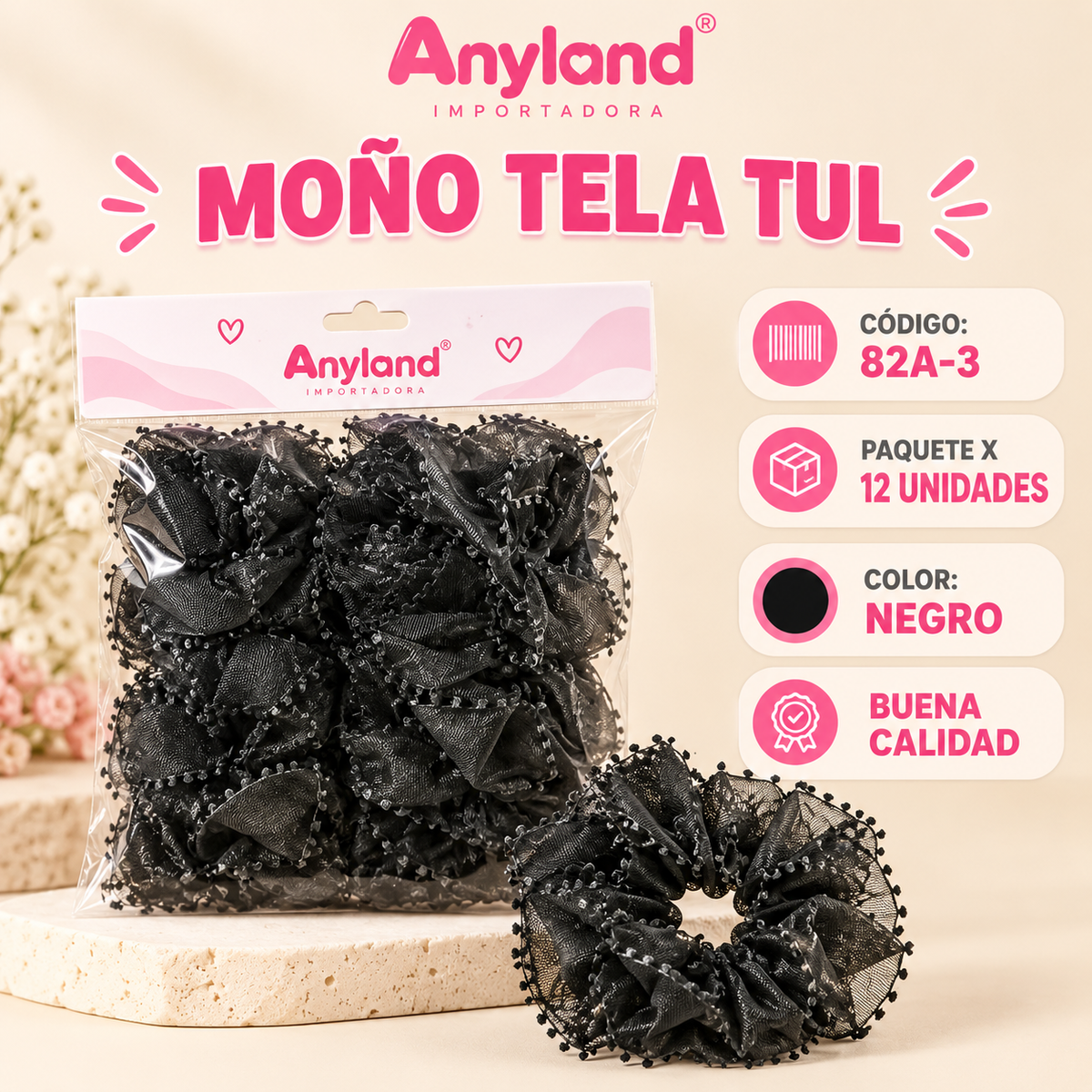 Moño para cabello de tela tul negro por docena (82A-3)