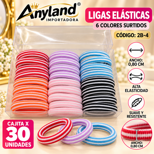 Ligas elásticas en 6 Colores de 0,80cm de ancho caja x30 unidades (2B-4)