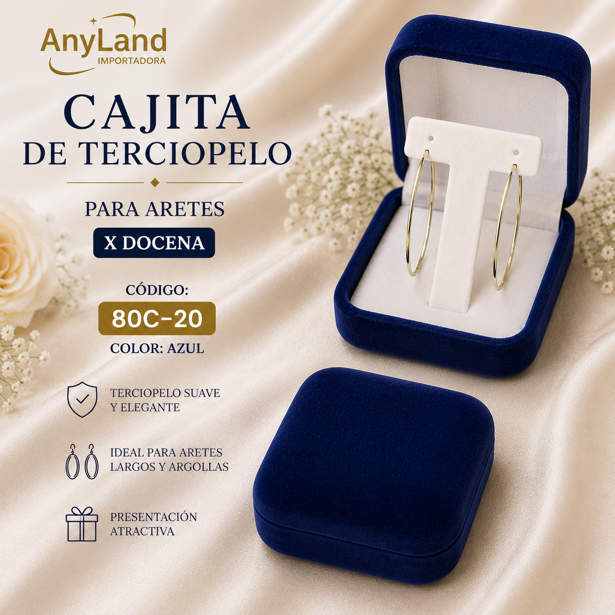 Cajita de terciopelo cuadrada para aretes x12 (80C-17-18-20)