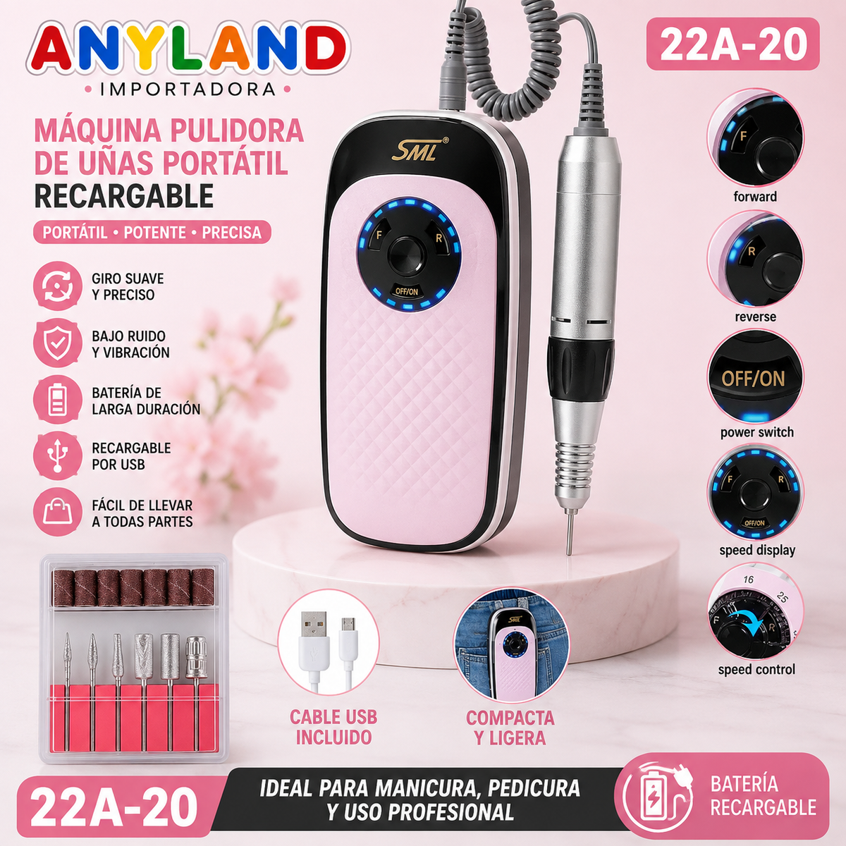 Pulidor de uñas eléctrico portátil recargable profesional SML (22A-20)