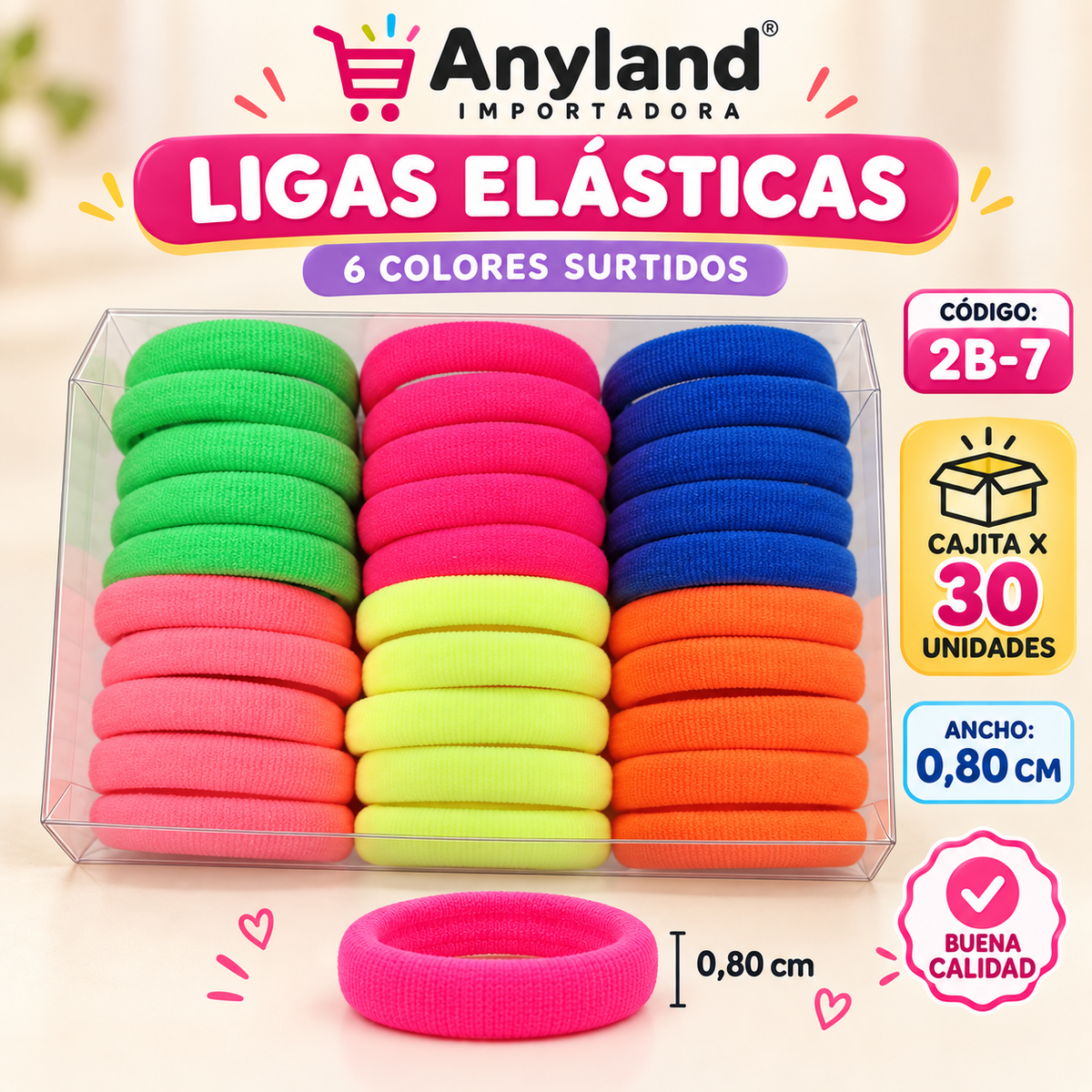 Ligas elásticas de 6 Colores de 0,80cm de ancho caja x30 unidades (2B-7)