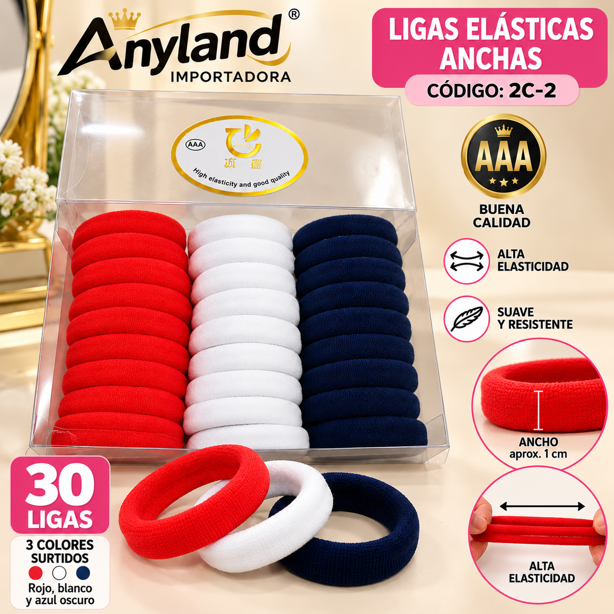 Ligas elásticas color azul blanco y rojo de 1cm de ancho caja X 30 unidades