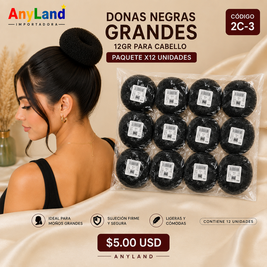 Donas negras grandes 12gr para cabello paquete x12 und (2C-3)