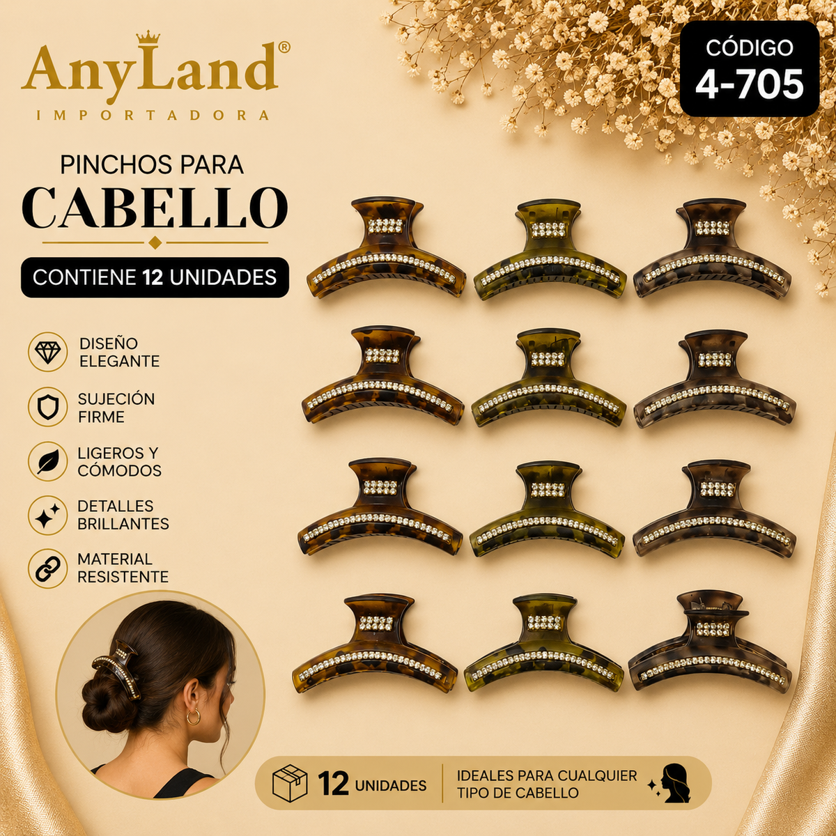 Pinchos grandes c/piedras brillantes x 12 unidades (4-705)