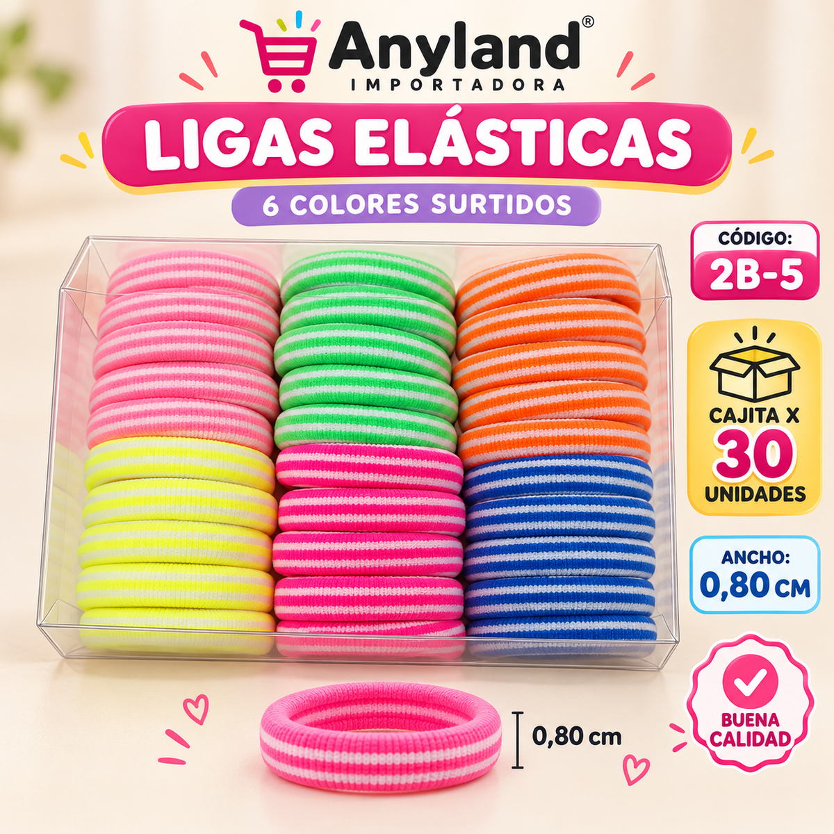 Ligas elásticas de 6 Colores de 0,80cm de ancho caja x30 unidades (2B-5)