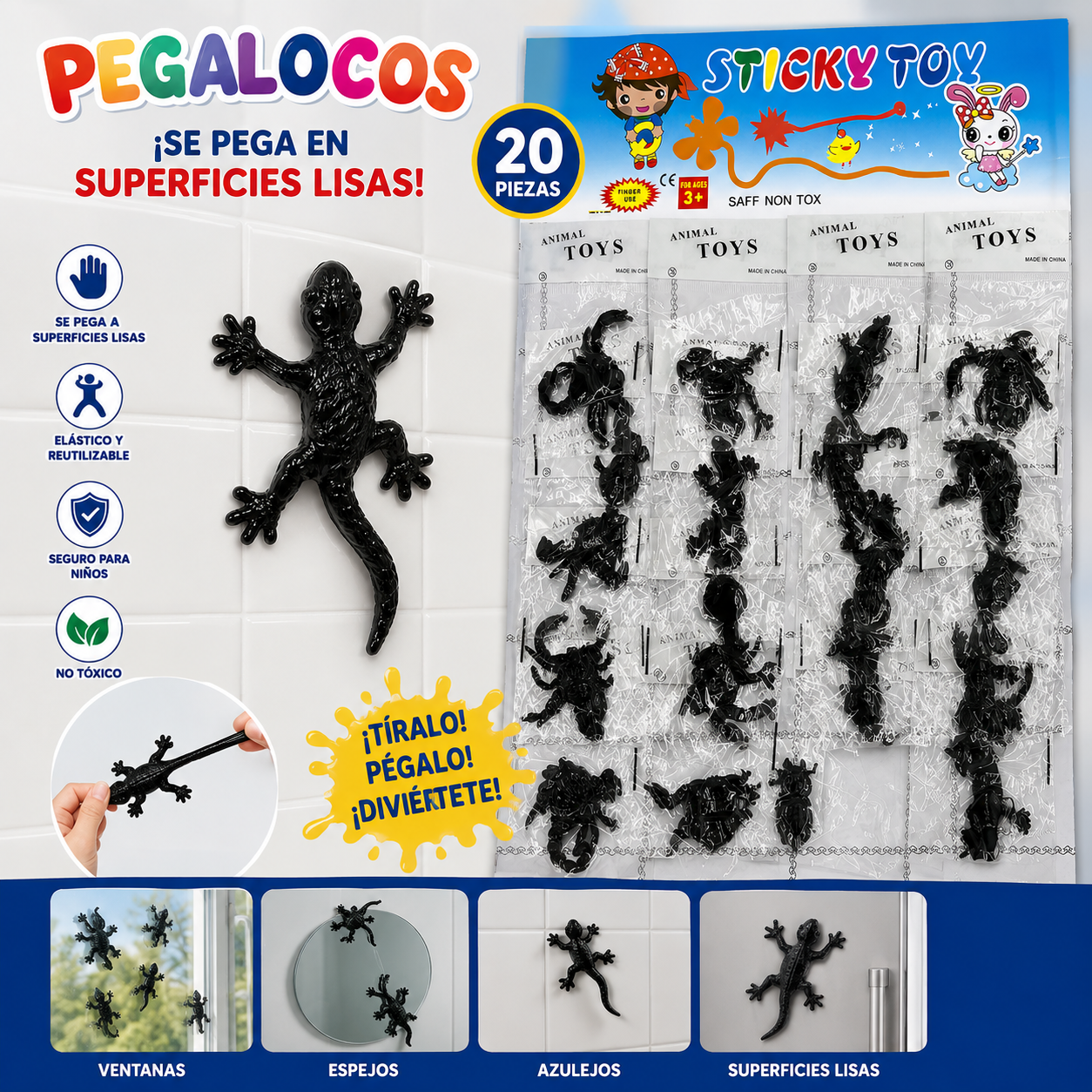 Pegaloco de animales rastreros negro plancha x20 unid. (74F-16)