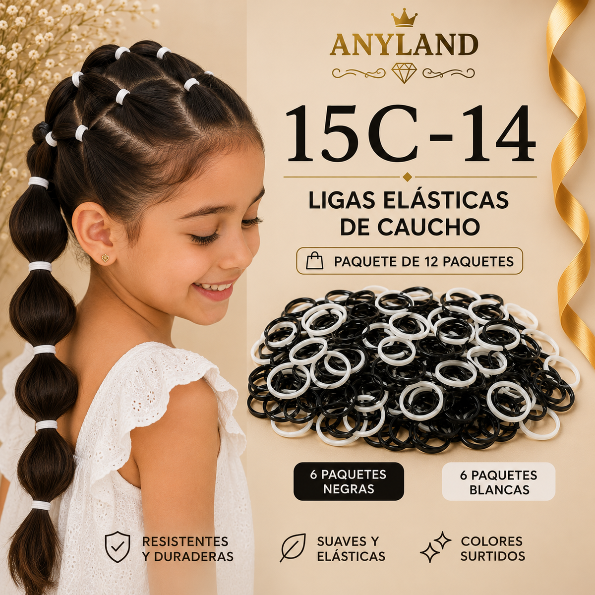 Ligas de caucho color negro con blanco por 12 paquetes (15C-14)