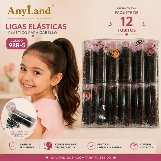 Ligas elasticas plásticas grandes suave negro en tubo para cabello x12 tubitos (98B-5)