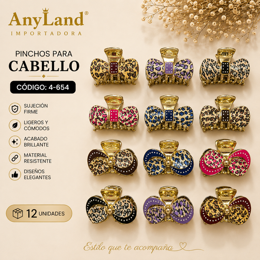 Pinchos dorado grande diseño de lazo surtido para cabello  x 12 unidades (4-654)