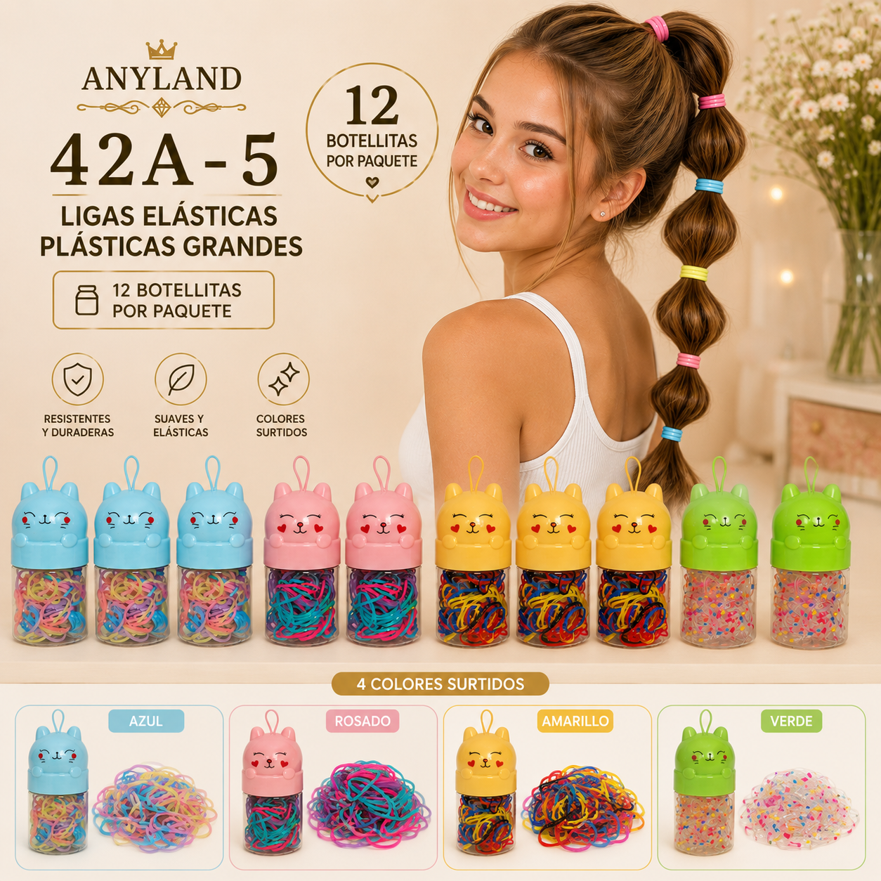Ligas grandes elasticas plásticas suave en botellita de gato para cabello X 12 botellitas (42A-5)
