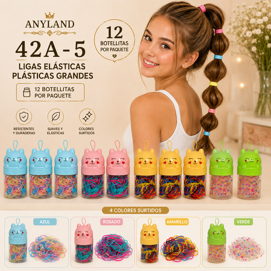 Ligas grandes elasticas plásticas suave en botellita de gato para cabello X 12 botellitas (42A-5)