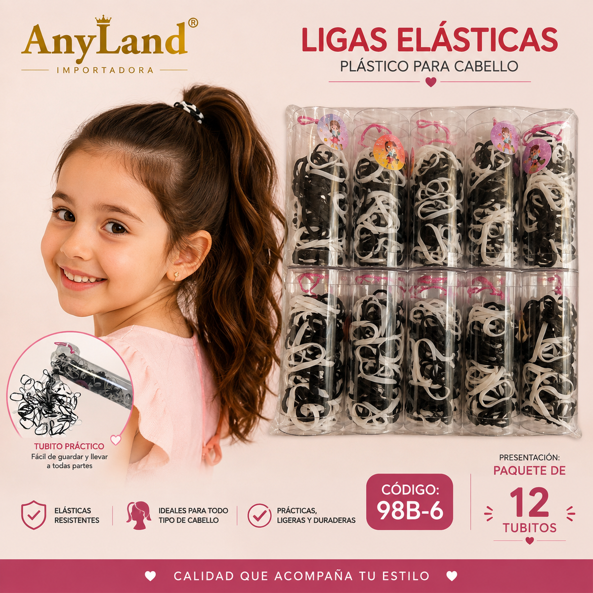 Ligas elasticas plásticas grandes suave negro con blanco en tubo para cabello x12 tubitos (98B-6)