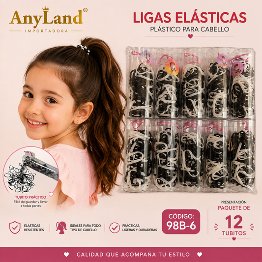Ligas elasticas plásticas grandes suave negro con blanco en tubo para cabello x12 tubitos (98B-6)