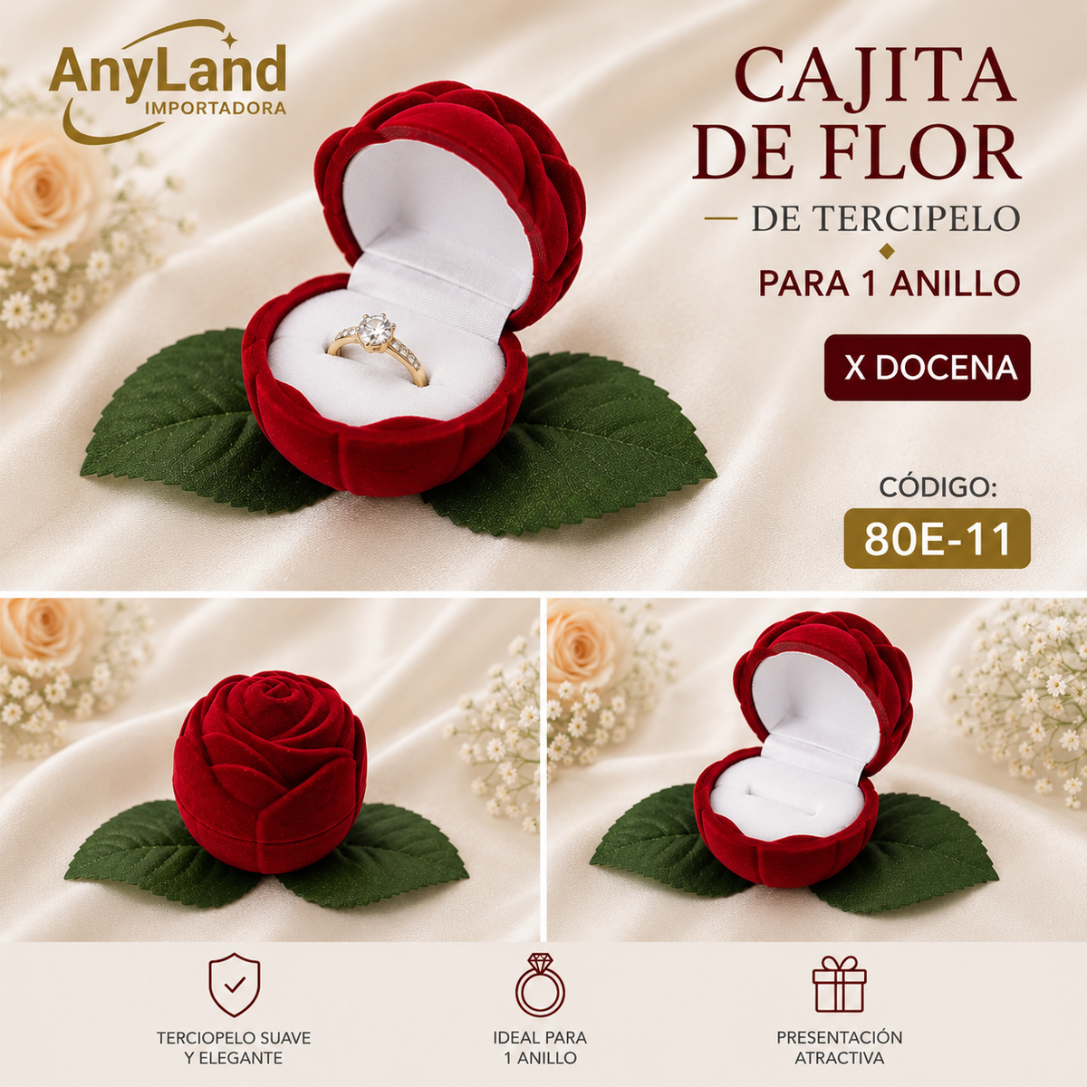 Cajita de Flor con terciopelo Rojo x12 unidades (80E-11)