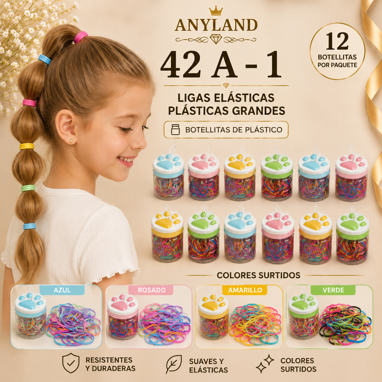 Ligas grandes elasticas plásticas suave en botellita de huella para cabello X 12 botellitas (42A-1)