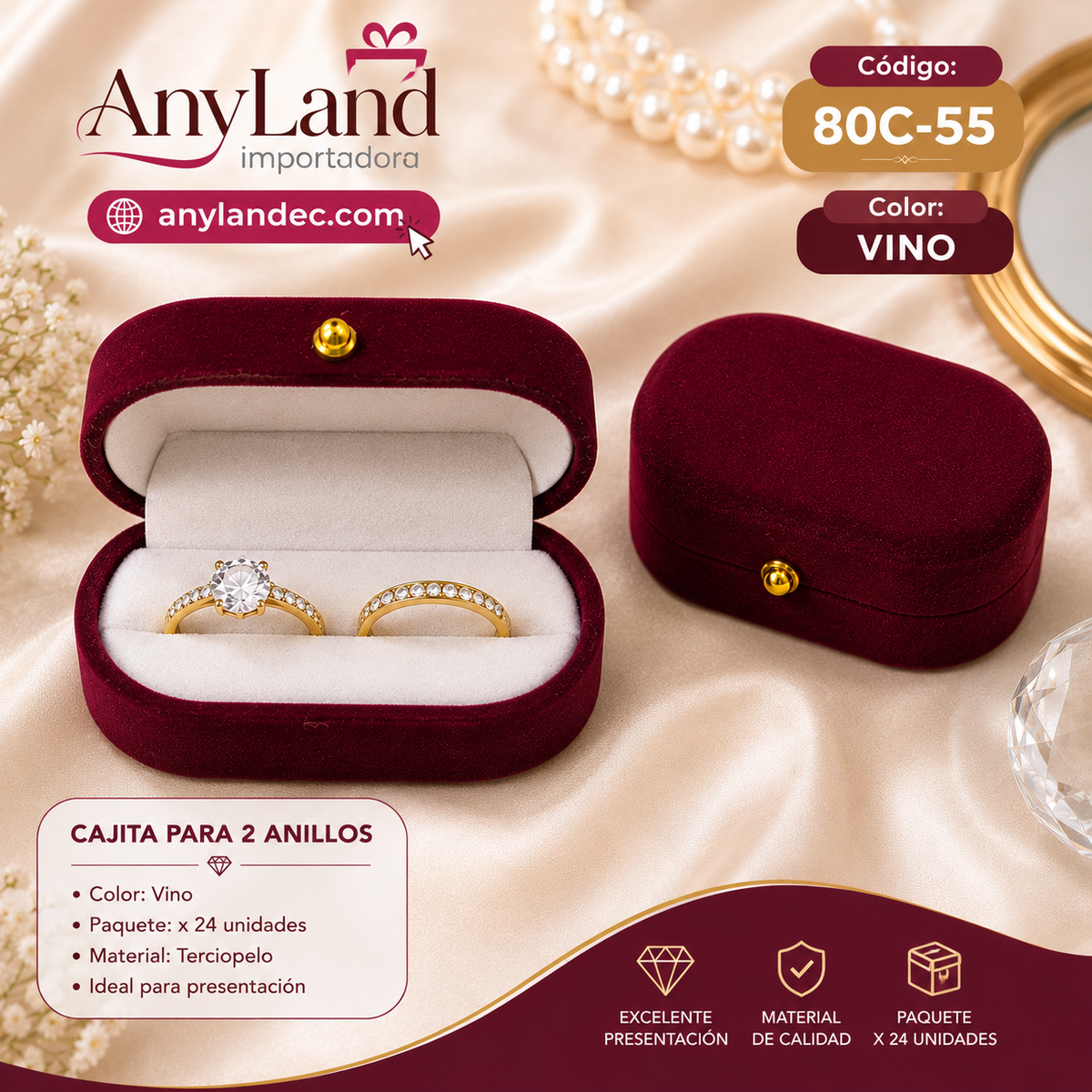 Caja gamuza para dos anillos punto dorado x24 (80C-54-55-56-57)